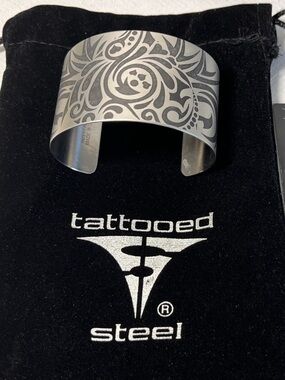 New TATTOOED STEEL cuff bracelet. Stamped. Heart Attack!  Perfect gift!